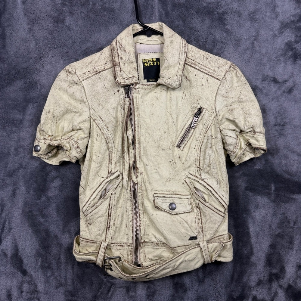 Miss Sixty Moto Jacket Womens Small Cream Distressed Leather Short Sleeve Biker